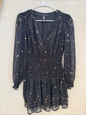 Aqua Black Dress with Gold Star Print and Smocked Waist